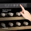 A close-up view of a wine cooler's touch control panel and interior shelves with bottles. Produktbild-Vorschau