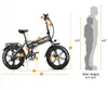 An illustration showing an electric bicycle with various measurement labels and two human figures representing rider heights. Anteprima dell’immagine prodotto