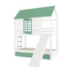 A white and green bunk bed with a slide and drawers, set against a white background. Náhled obrázku produktu
