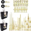 A collection of clock movement parts, including two clock movements, various clock hands, and numbers (Arabic and Roman numerals). Produktbild-Vorschau