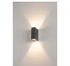 A modern, rectangular wall light fixture mounted on a light gray wall, emitting light upwards and downwards. Produktbild-Vorschau