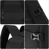 A collage of four close-up images showing details of a black backpack. Produktbild-Vorschau