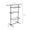 A black three-tier drying rack with dimensions indicated by text overlays. Produktbild-Vorschau