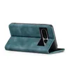 A teal flip case for a smartphone is shown standing upright, propped open by its own cover. Produktbild-Vorschau