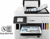 A white Canon MAXIFY GX 7050 Multifunktionsdrucker is shown from the front-left angle against a white background. The printer has a document feeder on top, a control panel with a screen, and ink tanks on the right side. A document is being printed and is p Produktbild-Vorschau