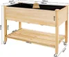A wooden raised garden bed with a shelf and wheels, shown with dimensions and weight capacity indicated. Produktbild-Vorschau