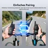 Two hands holding walkie-talkies on bicycles, with a road and hills in the background. A blue graphic overlay shows a connection between the two devices. Produktbild-Vorschau