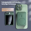 A green power bank is shown next to a green smartphone with a magnetic attachment on the back. Produktbild-Vorschau