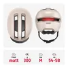 Two views of a beige bicycle helmet with a red rear light and straps, shown on a light gray background. Below the helmet are icons and text detailing its features. Produktbild-Vorschau