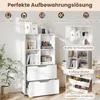 A white bookshelf with drawers and open shelves, styled with books, photos, and decorative items. The image also includes inset graphics highlighting features like 'Breite Schrankplatte' (Wide cabinet top), '4 offene Würfel' (4 open cubes), and '2 ausziehb Podgląd zdjęcia produktu