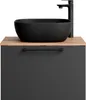 A black vessel sink and faucet are mounted on a wooden countertop above a gray cabinet. Produktbild-Vorschau
