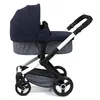 A side view of a navy and gray baby stroller on a white background. Produktbild-Vorschau