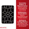A close-up of a gray plastic structural component with text descriptions of its features on a red background. Produktbild-Vorschau