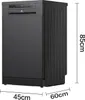 A black freestanding dishwasher with dimensions indicated. Produktbild-Vorschau