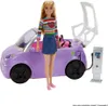 A Barbie doll stands next to a purple electric car with its charging station. Produktbild-Vorschau