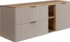 A modern beige and wood cabinet with fluted doors and open shelving. Produktbild-Vorschau
