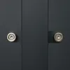 A close-up view of two silver screws on a dark gray surface, likely part of a trash can enclosure. Produktbild-Vorschau