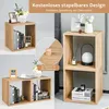 A collage of images showing modular cube shelves in a natural wood finish, styled with decorative items and books. Produktbild-Vorschau