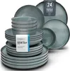 A stack of blue-gray ceramic plates and bowls, with a small white and blue card placed on one of the bowls. Produktbild-Vorschau