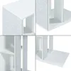 Collage of four close-up shots of a white side table with a gray felt scratching surface. Produktbild-Vorschau