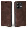 A brown leather flip case for a smartphone is shown from two angles against a white background. Produktbild-Vorschau