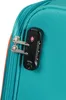 A close-up view of a TSA combination lock on a teal suitcase. Produktbild-Vorschau