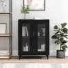 A black sideboard with glass doors is shown in a room. Podgląd zdjęcia produktu