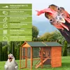 A chicken coop with a chicken looking into the camera, and text highlighting its features. Produktbild-Vorschau