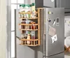 A wooden shelf unit attached to the side of a refrigerator, filled with various food items and bottles. Produktbild-Vorschau