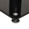 A close-up view of the corner of a black glass shelf with a silver screw and foot. Produktbild-Vorschau