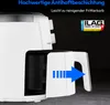 Close-up of a white air fryer with a blue arrow indicating the removal of the frying basket. Produktbild-Vorschau