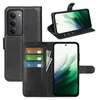 A collage of images showing a black leather wallet-style phone case for a Xiaomi Redmi 15 5G, with the phone inserted and also displayed separately. Produktbild-Vorschau