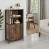 A wooden highboard with black metal accents is shown in a room with a dining area and a sofa visible in the background. Produktbild-Vorschau
