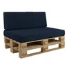 A dark blue cushion set on a wooden pallet base, presented against a white background. Produktbild-Vorschau