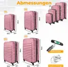 A collage of pink suitcases of different sizes with dimensions and volumes indicated, along with a luggage scale and luggage tag. Produktbild-Vorschau