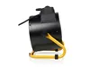 A side view of a black industrial heater with a yellow stand, set against a white background. Produktbild-Vorschau