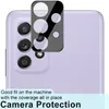 A close-up shot of a smartphone's camera module with a protective glass cover placed over it. The phone is light purple, and the protective cover is black with clear circles for the lenses. Produktbild-Vorschau