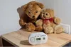 Two teddy bears sit on a wooden surface next to a carbon monoxide detector. Podgląd zdjęcia produktu