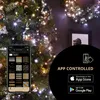 A smartphone app interface is shown overlaid on a Christmas tree decorated with lights and ornaments, with additional marketing text and app store download buttons. Podgląd zdjęcia produktu