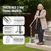 A woman stands on a staircase next to a stainless steel handrail, with text overlays highlighting product features. Podgląd zdjęcia produktu