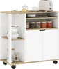 A white and wood kitchen cart with various items on its shelves. Podgląd zdjęcia produktu