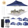 A collage of images showcasing a blue pop-up gazebo with various configurations, accessories, and a dining setup. Podgląd zdjęcia produktu