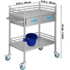 A stainless steel medical cart with two drawers, a handle, a bucket holder with a blue bucket, and wheels. Dimensions are shown with text overlays. Produktbild-Vorschau