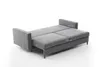 A grey sofa bed is shown from a slightly elevated side angle against a white background. Dimensions are indicated with white lines and text. Produktbild-Vorschau