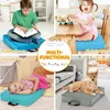 A collage of four images showing a product used in different scenarios: a child reading on a floor cushion, a child sitting on a chair cushion, a child sleeping on a cushion, and a dog resting on a cushion. Produktbild-Vorschau