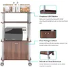 A kitchen cart with a microwave on it, along with descriptive text boxes highlighting its features. Podgląd zdjęcia produktu