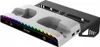 A white and black charging dock with RGB lighting for PS5 controllers, mounted on a black bracket. Produktbild-Vorschau