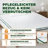 A mattress topper on a bed, with feature callouts. Produktbild-Vorschau