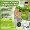A marketing image for a raised garden bed, showing the product and listing its features and benefits. Produktbild-Vorschau