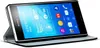 A Sony Xperia M4 Aqua smartphone in a flip case, displaying product features on its screen. Produktbild-Vorschau